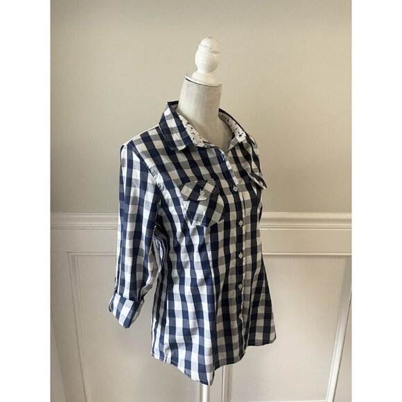 Overdrive Womens Navy & White Gingham Blouse L Crochet Lace - Picture 2 of 5
